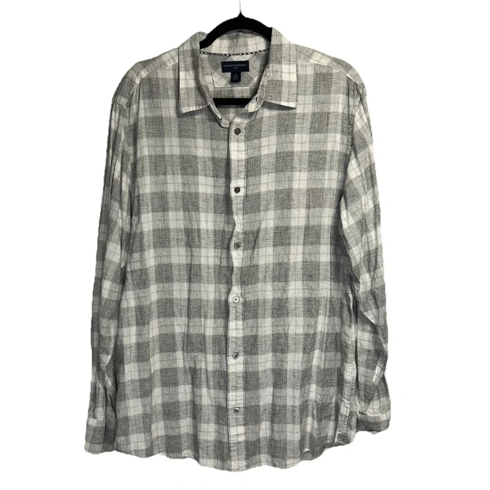 Banana Republic Shirt Men's XL Button Up White Plaid Linen Cotton Lightweight‎